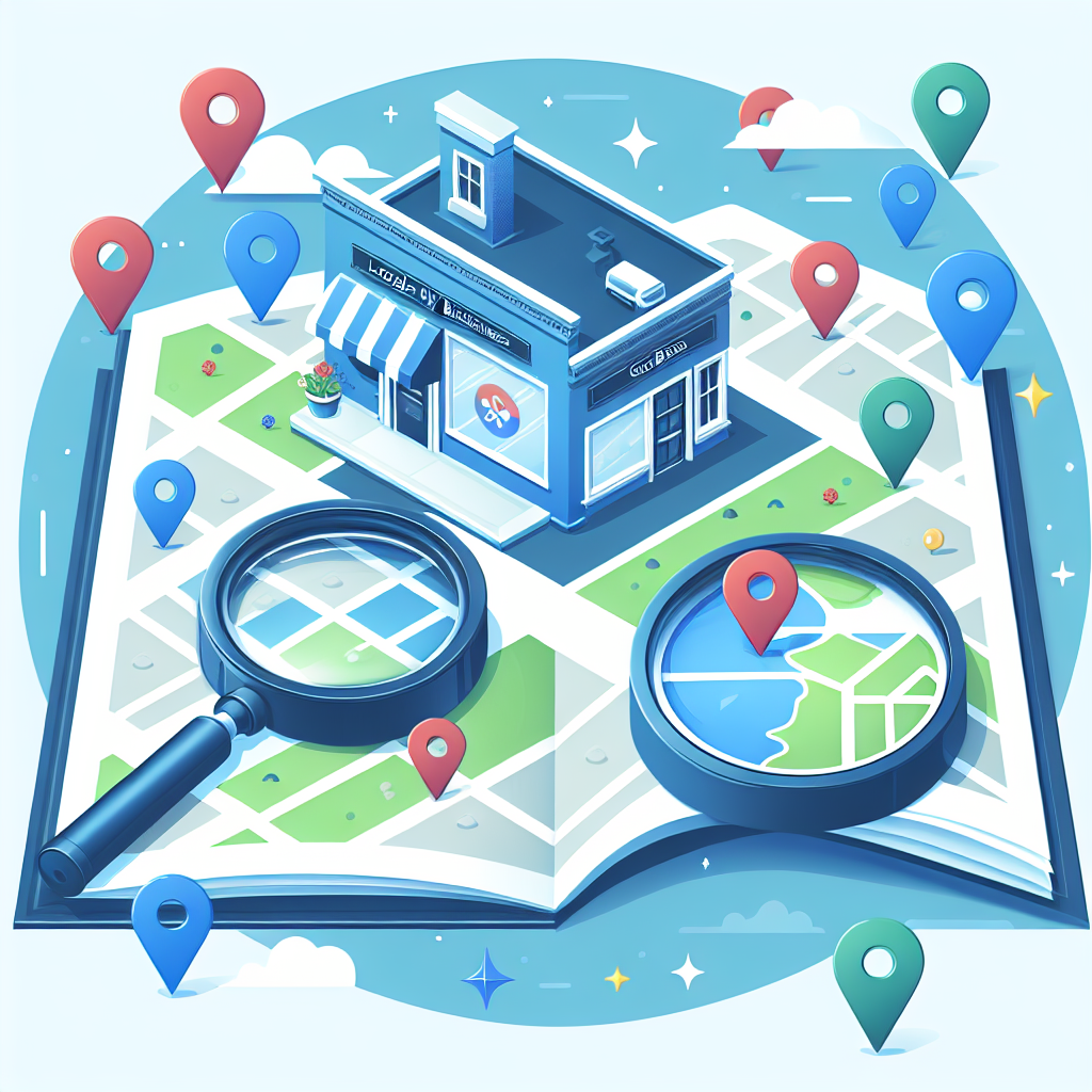 Illustration of Google My Business Optimization with a map, location pins, and a small business storefront.